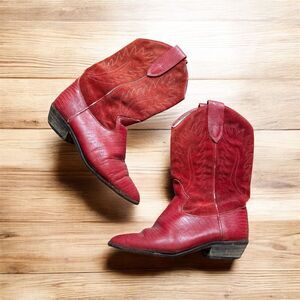 Vintage Red Leather Western Cowboy Boots 7 Pointed Toe Suede